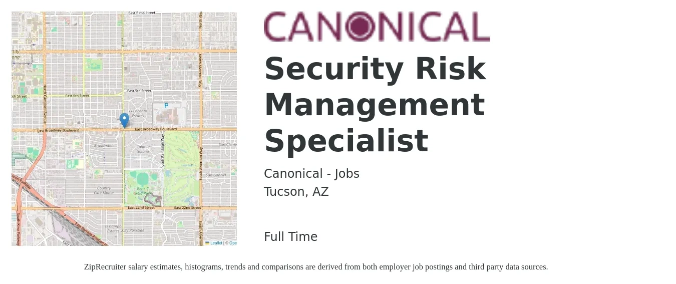 Canonical - Jobs job posting for a Security Risk Management Specialist in Tucson, AZ with a salary of $40 to $59 Hourly with a map of Tucson location.
