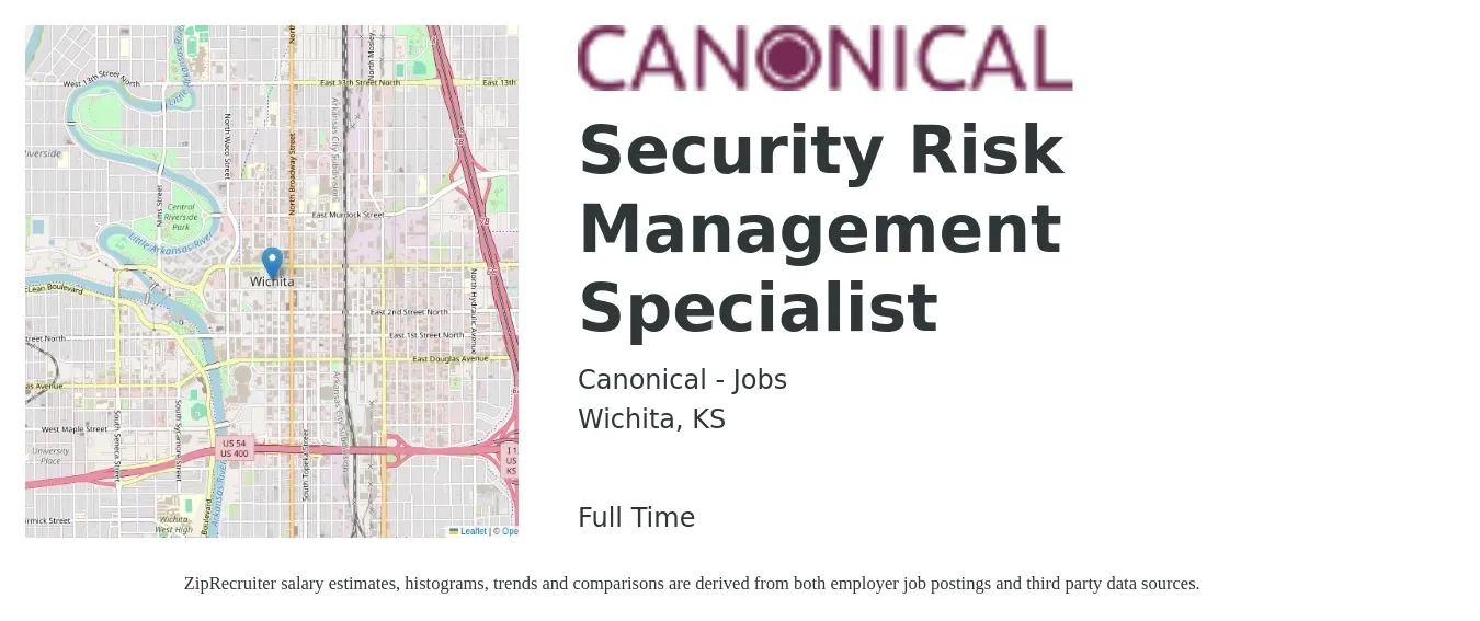Canonical - Jobs job posting for a Security Risk Management Specialist in Wichita, KS with a salary of $38 to $56 Hourly with a map of Wichita location.