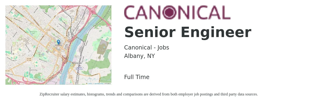 Canonical - Jobs job posting for a Senior Engineer in Albany, NY with a salary of $103,800 to $142,500 Yearly with a map of Albany location.