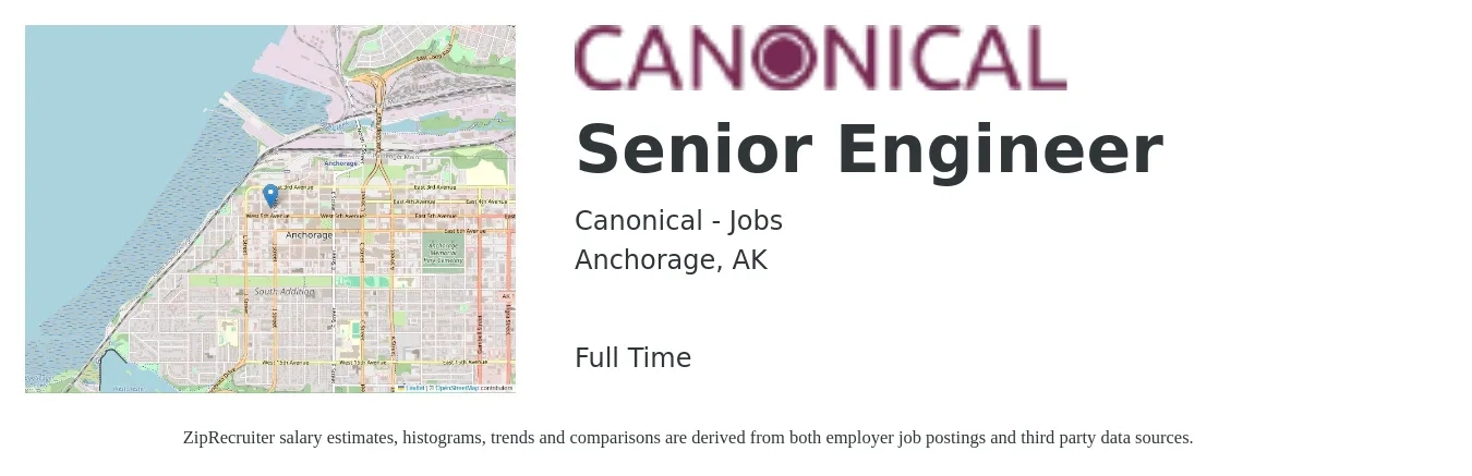 Canonical - Jobs job posting for a Senior Engineer in Anchorage, AK with a salary of $106,800 to $146,700 Yearly with a map of Anchorage location.