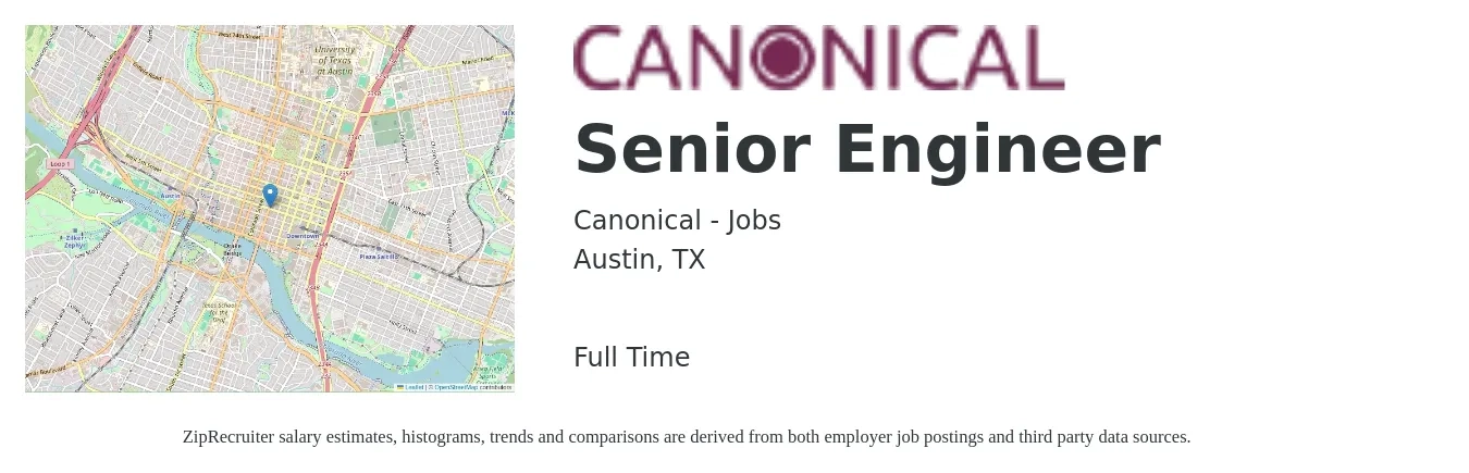 Canonical - Jobs job posting for a Senior Engineer in Austin, TX with a salary of $103,600 to $142,200 Yearly with a map of Austin location.