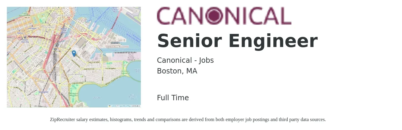 Canonical - Jobs job posting for a Senior Engineer in Boston, MA with a salary of $113,500 to $155,900 Yearly with a map of Boston location.