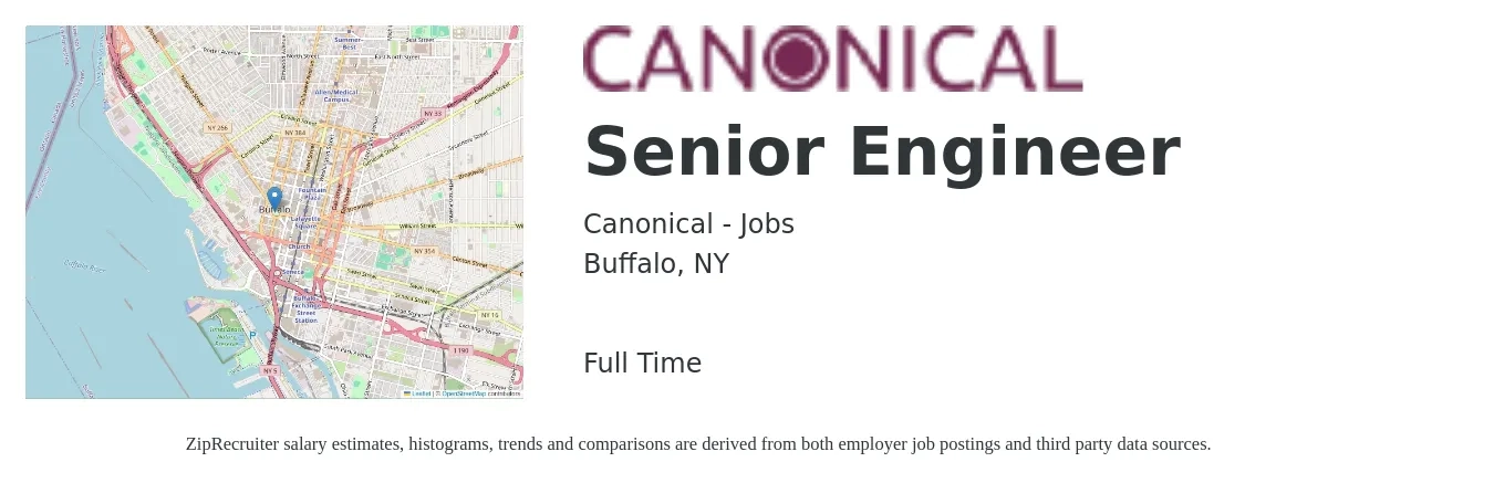Canonical - Jobs job posting for a Senior Engineer in Buffalo, NY with a salary of $101,200 to $139,000 Yearly with a map of Buffalo location.