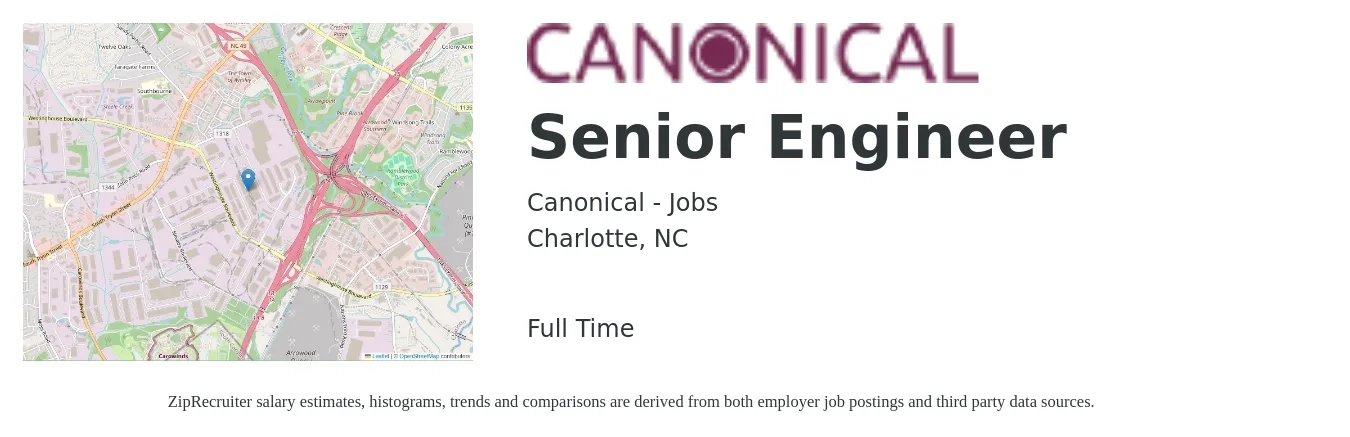 Canonical - Jobs job posting for a Senior Engineer in Charlotte, NC with a salary of $102,100 to $140,200 Yearly with a map of Charlotte location.
