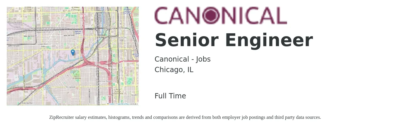 Canonical - Jobs job posting for a Senior Engineer in Chicago, IL with a salary of $107,600 to $147,800 Yearly with a map of Chicago location.