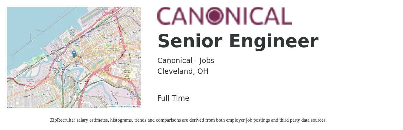 Canonical - Jobs job posting for a Senior Engineer in Cleveland, OH with a salary of $101,300 to $139,200 Yearly with a map of Cleveland location.
