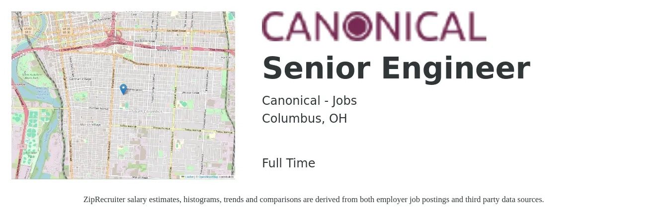 Canonical - Jobs job posting for a Senior Engineer in Columbus, OH with a salary of $100,900 to $138,600 Yearly with a map of Columbus location.