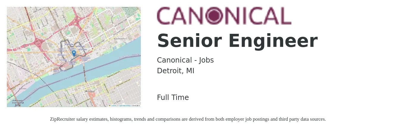 Canonical - Jobs job posting for a Senior Engineer in Detroit, MI with a salary of $103,500 to $142,100 Yearly with a map of Detroit location.