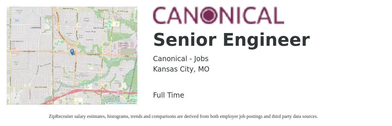 Canonical - Jobs job posting for a Senior Engineer in Kansas City, MO with a salary of $102,000 to $140,000 Yearly with a map of Kansas City location.