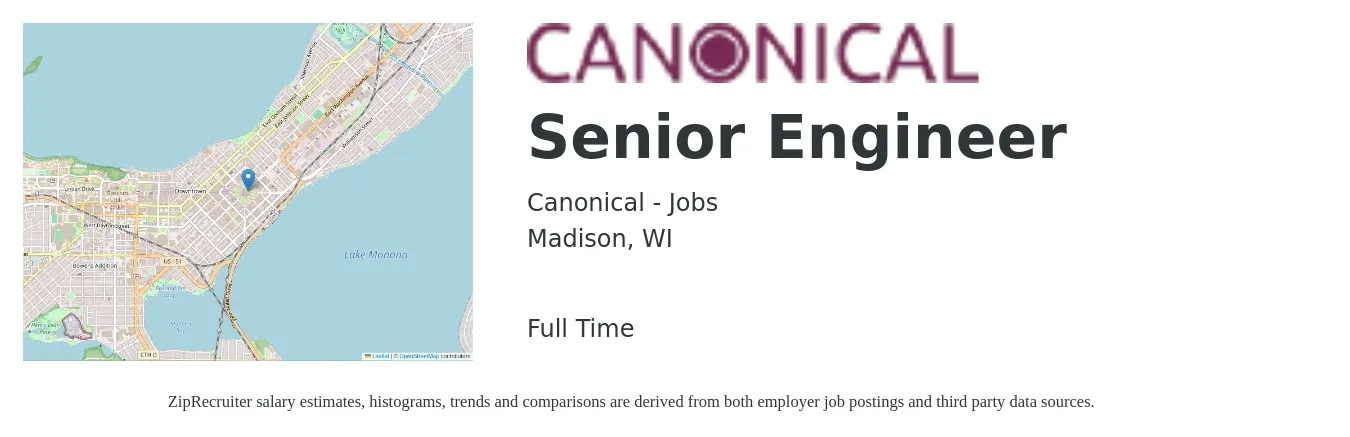 Canonical - Jobs job posting for a Senior Engineer in Madison, WI with a salary of $105,300 to $144,600 Yearly with a map of Madison location.