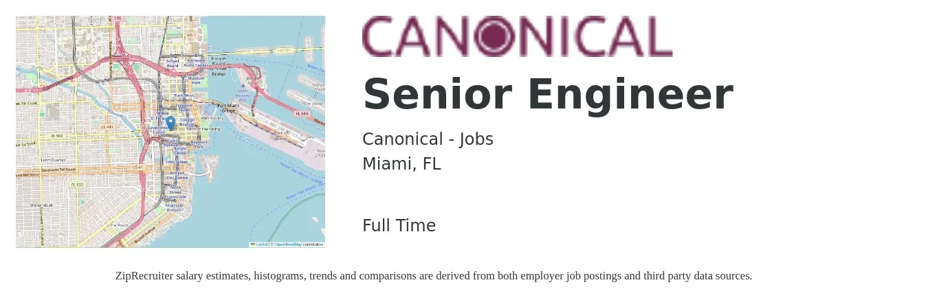 Canonical - Jobs job posting for a Senior Engineer in Miami, FL with a salary of $99,900 to $137,200 Yearly with a map of Miami location.