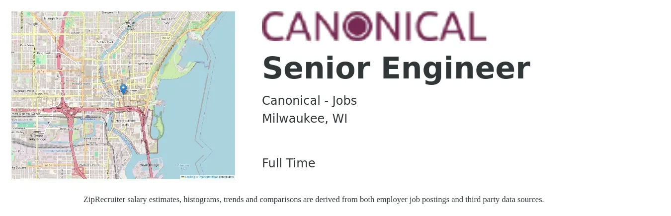 Canonical - Jobs job posting for a Senior Engineer in Milwaukee, WI with a salary of $103,000 to $141,400 Yearly with a map of Milwaukee location.