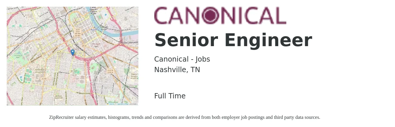 Canonical - Jobs job posting for a Senior Engineer in Nashville, TN with a salary of $100,900 to $138,600 Yearly with a map of Nashville location.