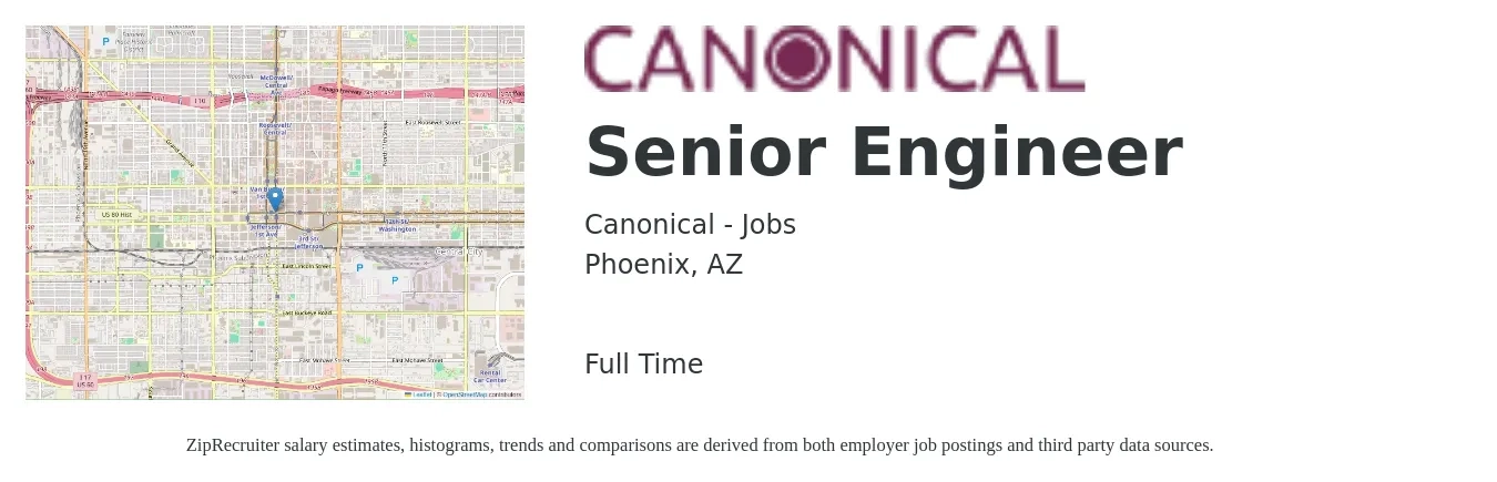 Canonical - Jobs job posting for a Senior Engineer in Phoenix, AZ with a salary of $103,800 to $142,500 Yearly with a map of Phoenix location.