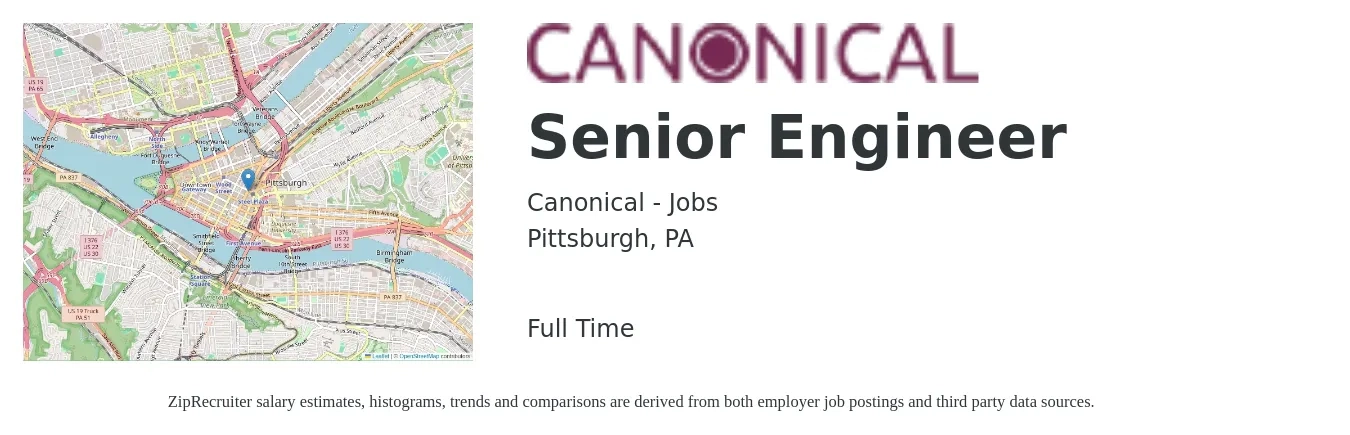 Canonical - Jobs job posting for a Senior Engineer in Pittsburgh, PA with a salary of $101,400 to $139,300 Yearly with a map of Pittsburgh location.