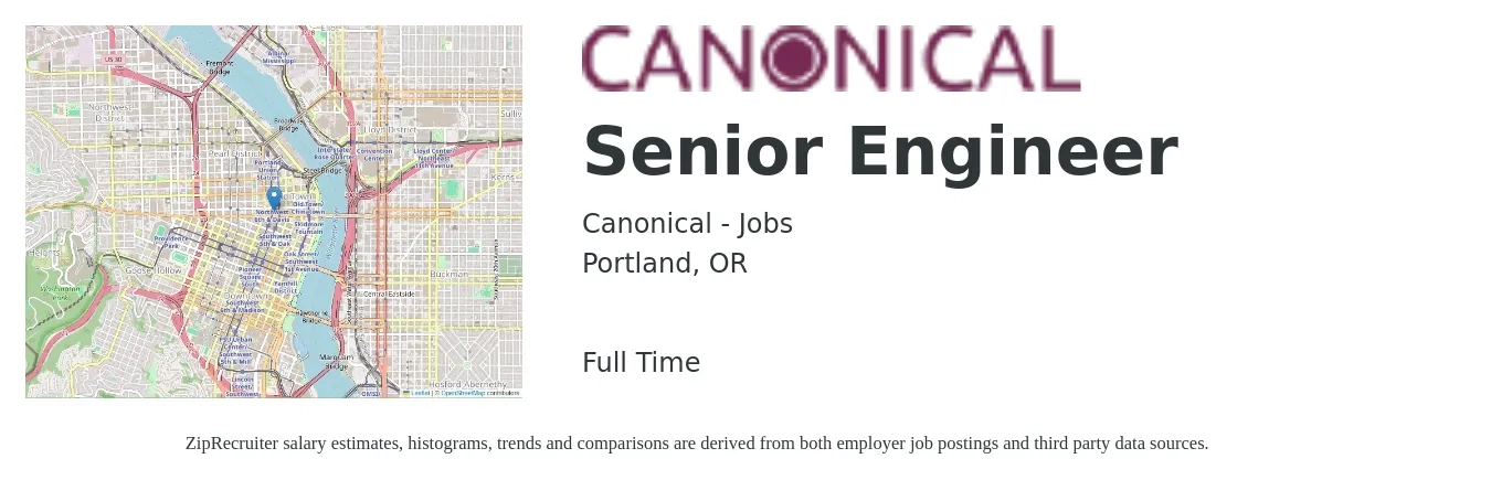 Canonical - Jobs job posting for a Senior Engineer in Portland, OR with a salary of $110,800 to $152,200 Yearly with a map of Portland location.