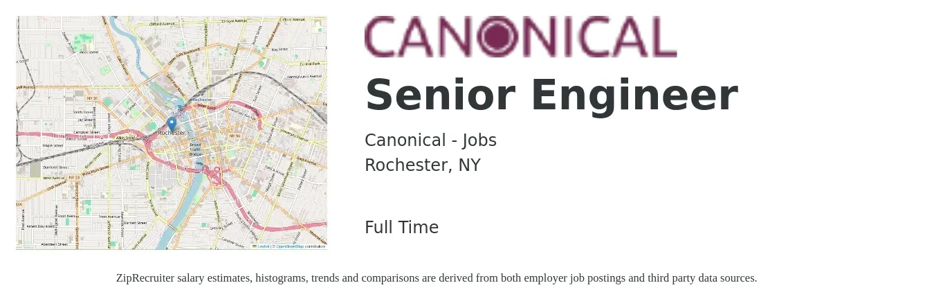 Canonical - Jobs job posting for a Senior Engineer in Rochester, NY with a salary of $103,100 to $141,600 Yearly with a map of Rochester location.