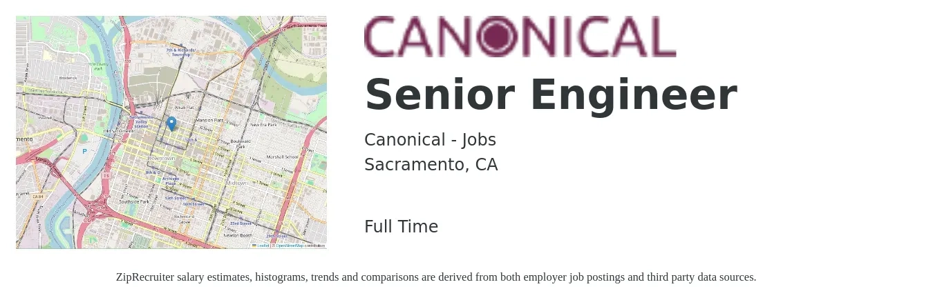 Canonical - Jobs job posting for a Senior Engineer in Sacramento, CA with a salary of $111,400 to $153,000 Yearly with a map of Sacramento location.