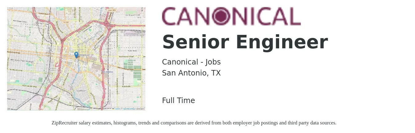 Canonical - Jobs job posting for a Senior Engineer in San Antonio, TX with a salary of $94,300 to $129,400 Yearly with a map of San Antonio location.