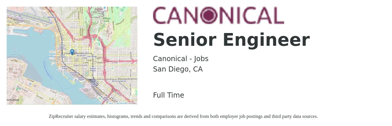 Canonical - Jobs job posting for a Senior Engineer in San Diego, CA with a salary of $110,900 to $152,400 Yearly with a map of San Diego location.