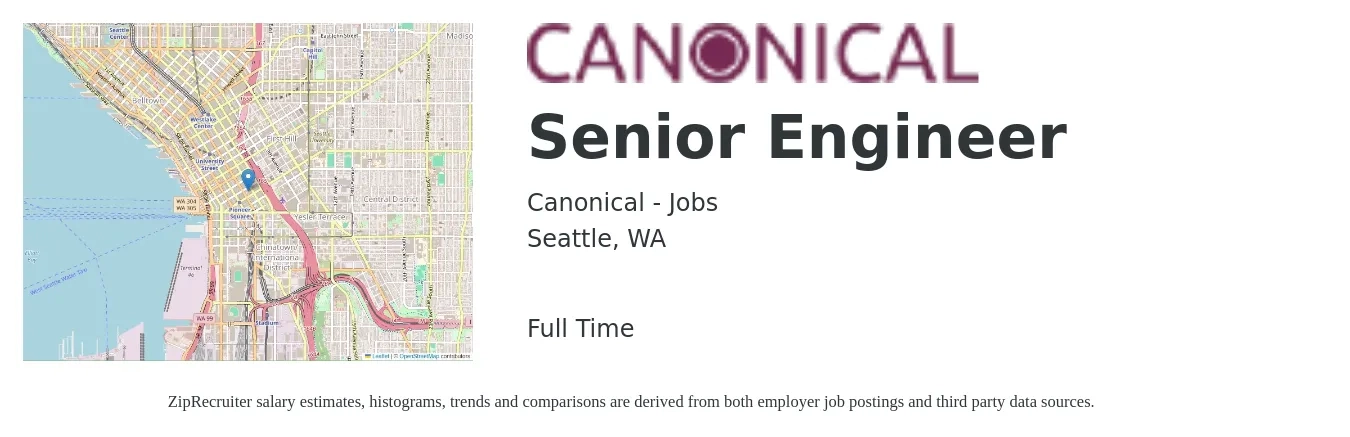 Canonical - Jobs job posting for a Senior Engineer in Seattle, WA with a salary of $118,900 to $163,300 Yearly with a map of Seattle location.