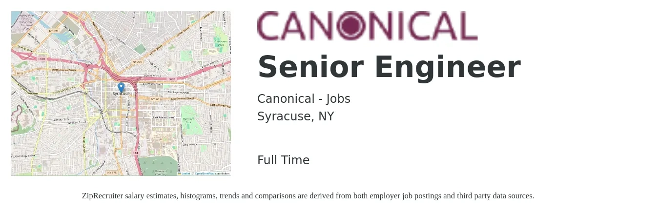 Canonical - Jobs job posting for a Senior Engineer in Syracuse, NY with a salary of $103,200 to $141,800 Yearly with a map of Syracuse location.