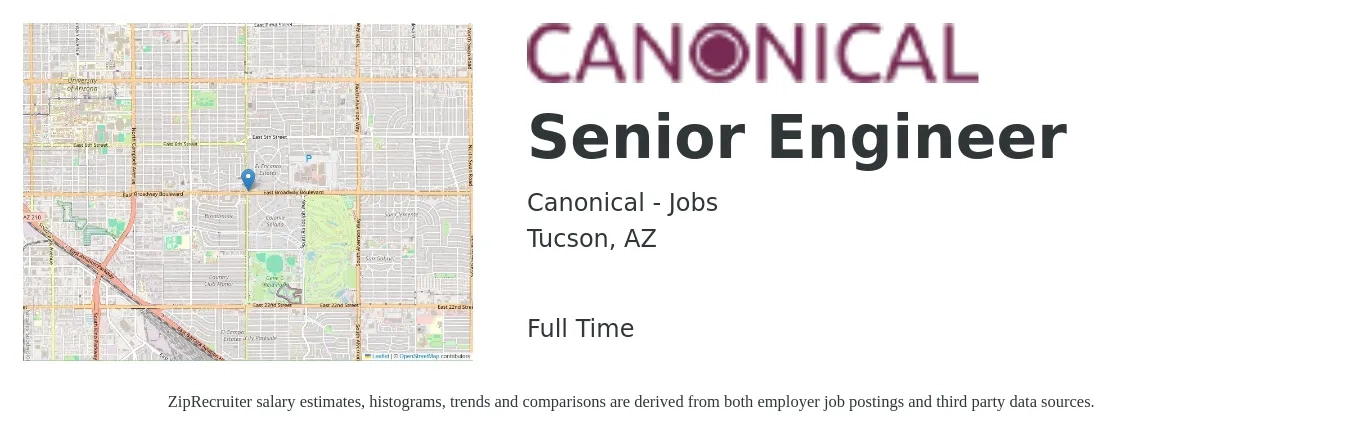 Canonical - Jobs job posting for a Senior Engineer in Tucson, AZ with a salary of $98,800 to $135,700 Yearly with a map of Tucson location.