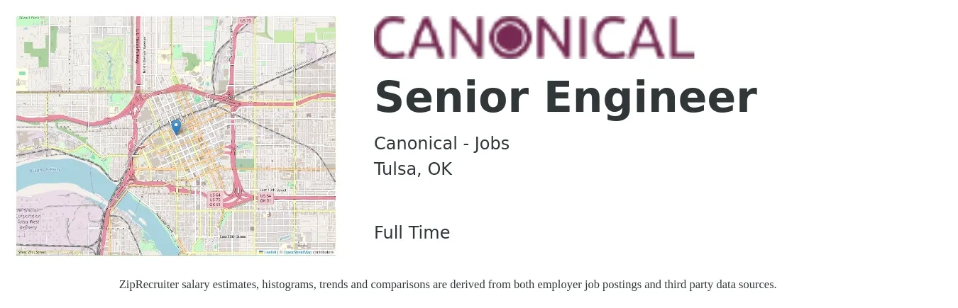 Canonical - Jobs job posting for a Senior Engineer in Tulsa, OK with a salary of $95,400 to $131,100 Yearly with a map of Tulsa location.
