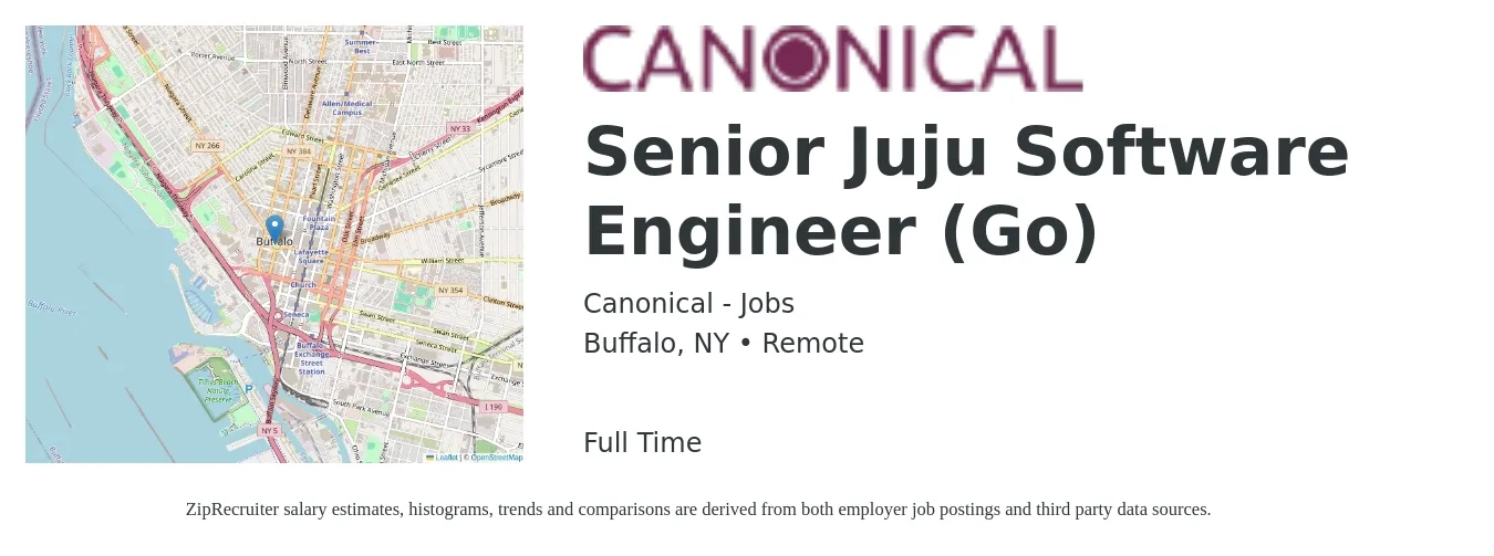 Canonical - Jobs job posting for a Senior Juju Software Engineer (Go) in Buffalo, NY with a salary of $118,700 to $156,400 Yearly with a map of Buffalo location.
