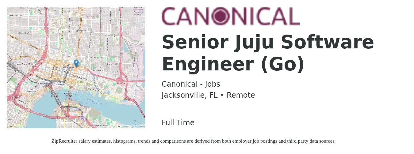 Canonical - Jobs job posting for a Senior Juju Software Engineer (Go) in Jacksonville, FL with a salary of $113,500 to $149,600 Yearly with a map of Jacksonville location.