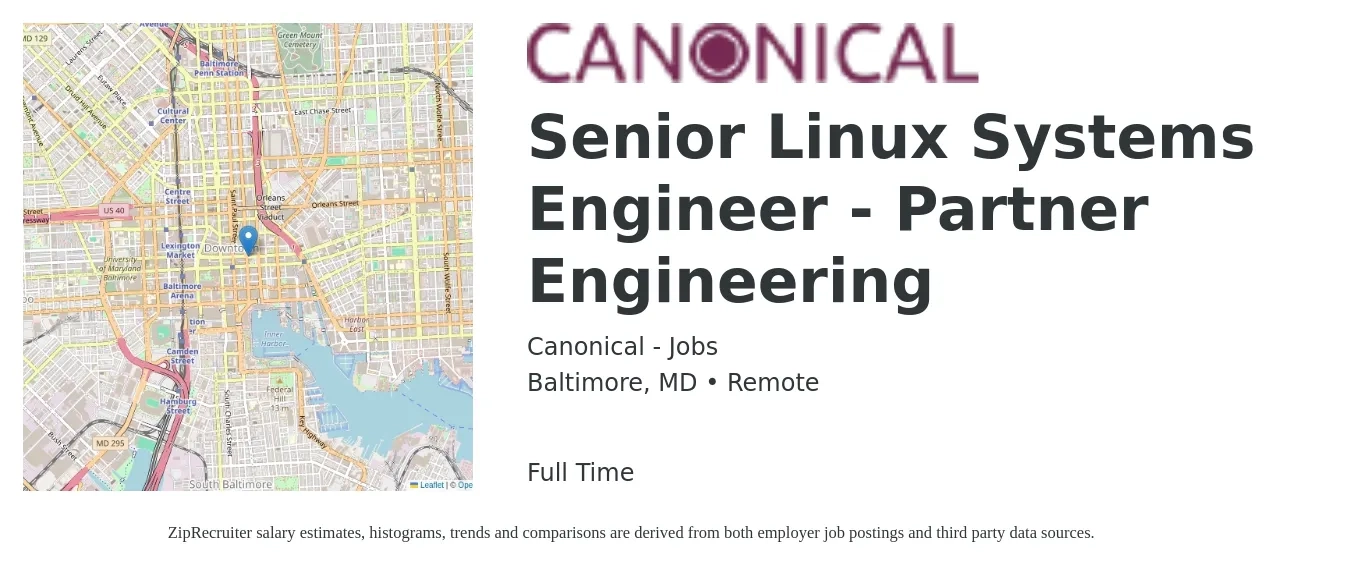 Canonical - Jobs job posting for a Senior Linux Systems Engineer - Partner Engineering in Baltimore, MD with a salary of $117,200 to $137,100 Yearly with a map of Baltimore location.