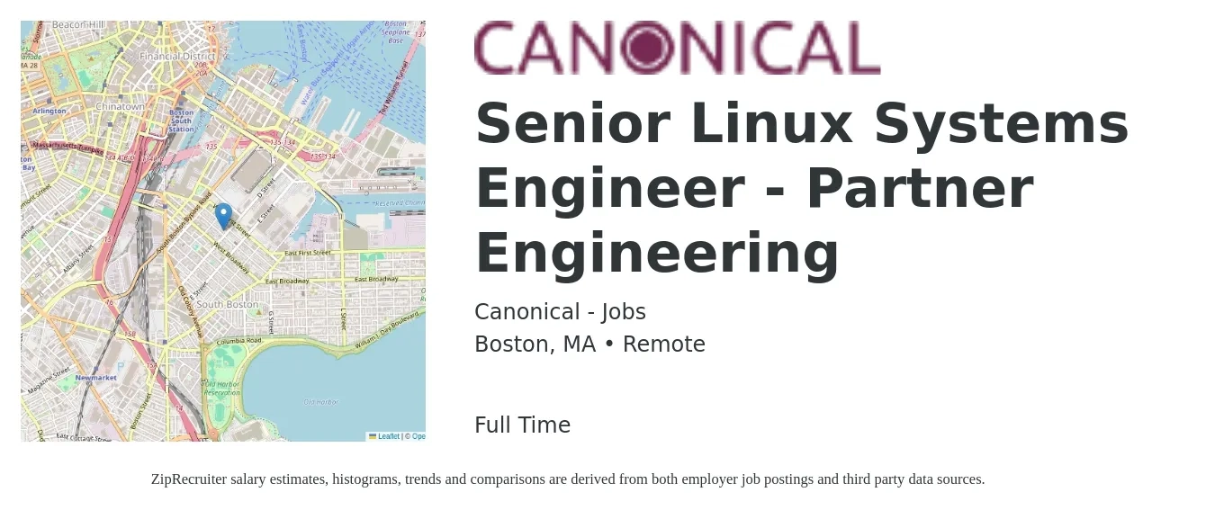 Canonical - Jobs job posting for a Senior Linux Systems Engineer - Partner Engineering in Boston, MA with a salary of $128,200 to $149,900 Yearly with a map of Boston location.