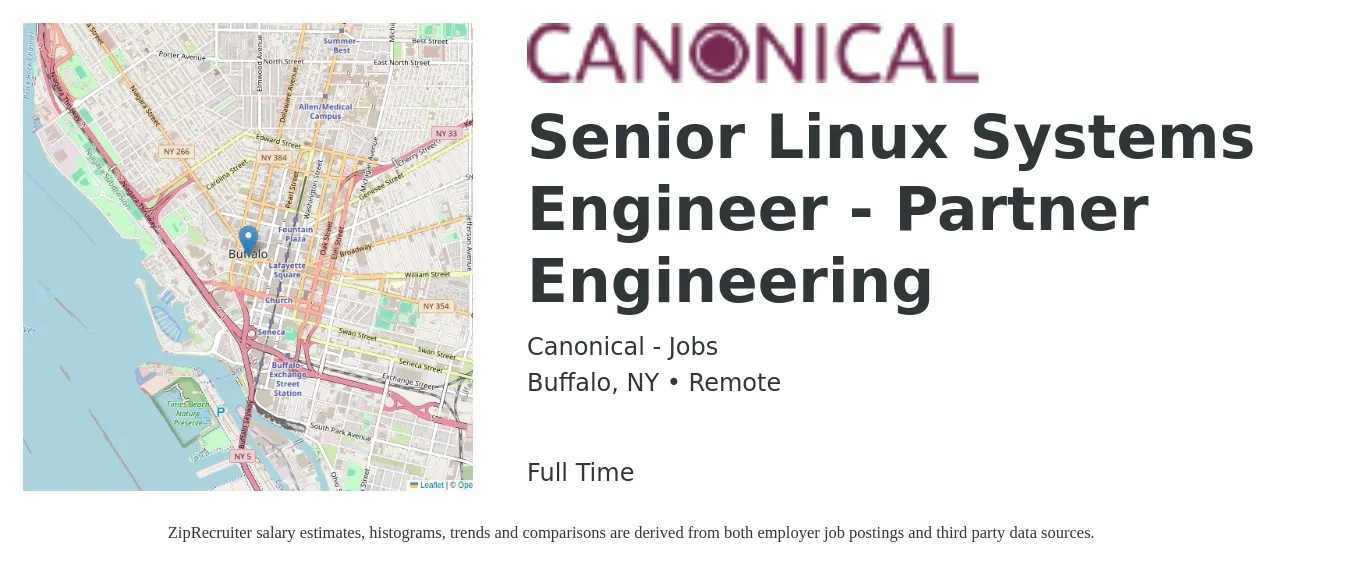 Canonical - Jobs job posting for a Senior Linux Systems Engineer - Partner Engineering in Buffalo, NY with a salary of $114,300 to $133,700 Yearly with a map of Buffalo location.