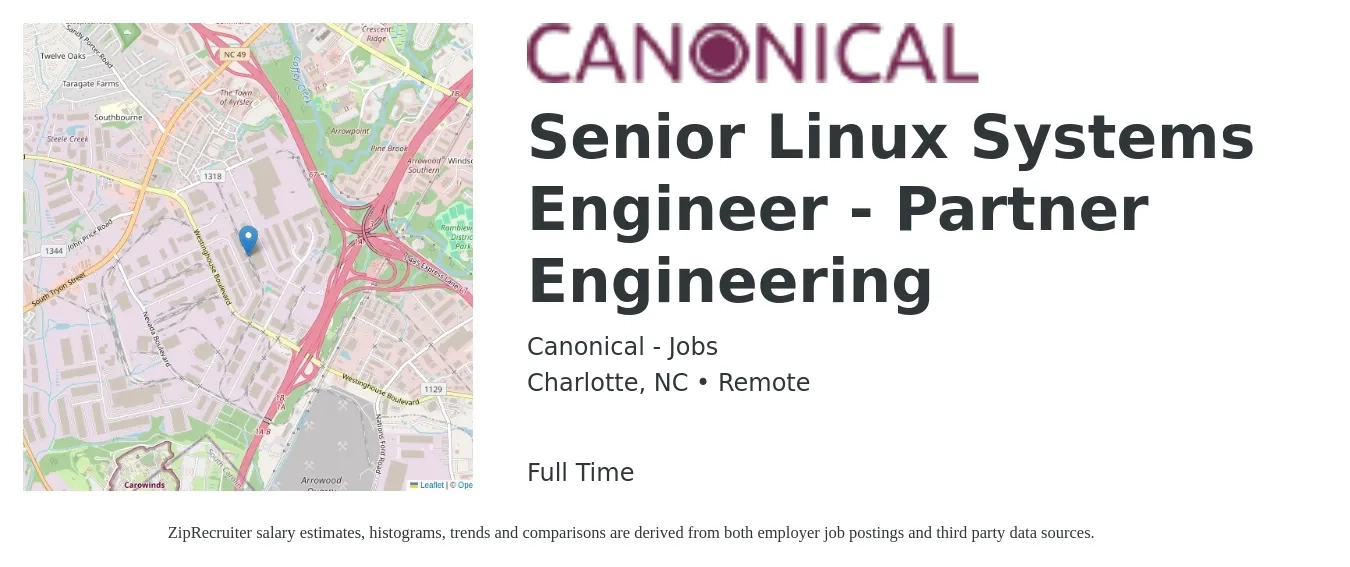 Canonical - Jobs job posting for a Senior Linux Systems Engineer - Partner Engineering in Charlotte, NC with a salary of $115,300 to $134,800 Yearly with a map of Charlotte location.