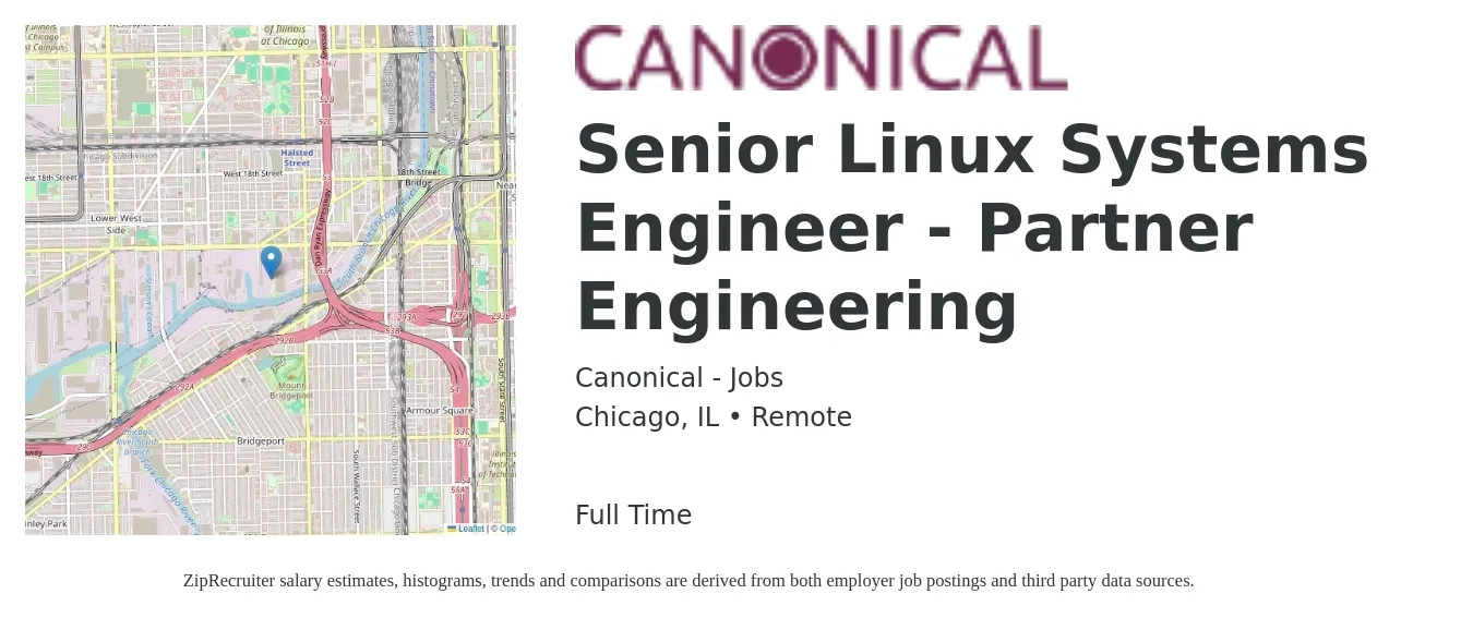 Canonical - Jobs job posting for a Senior Linux Systems Engineer - Partner Engineering in Chicago, IL with a salary of $121,600 to $142,200 Yearly with a map of Chicago location.