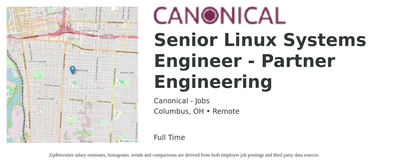 Canonical - Jobs job posting for a Senior Linux Systems Engineer - Partner Engineering in Columbus, OH with a salary of $114,000 to $133,300 Yearly with a map of Columbus location.