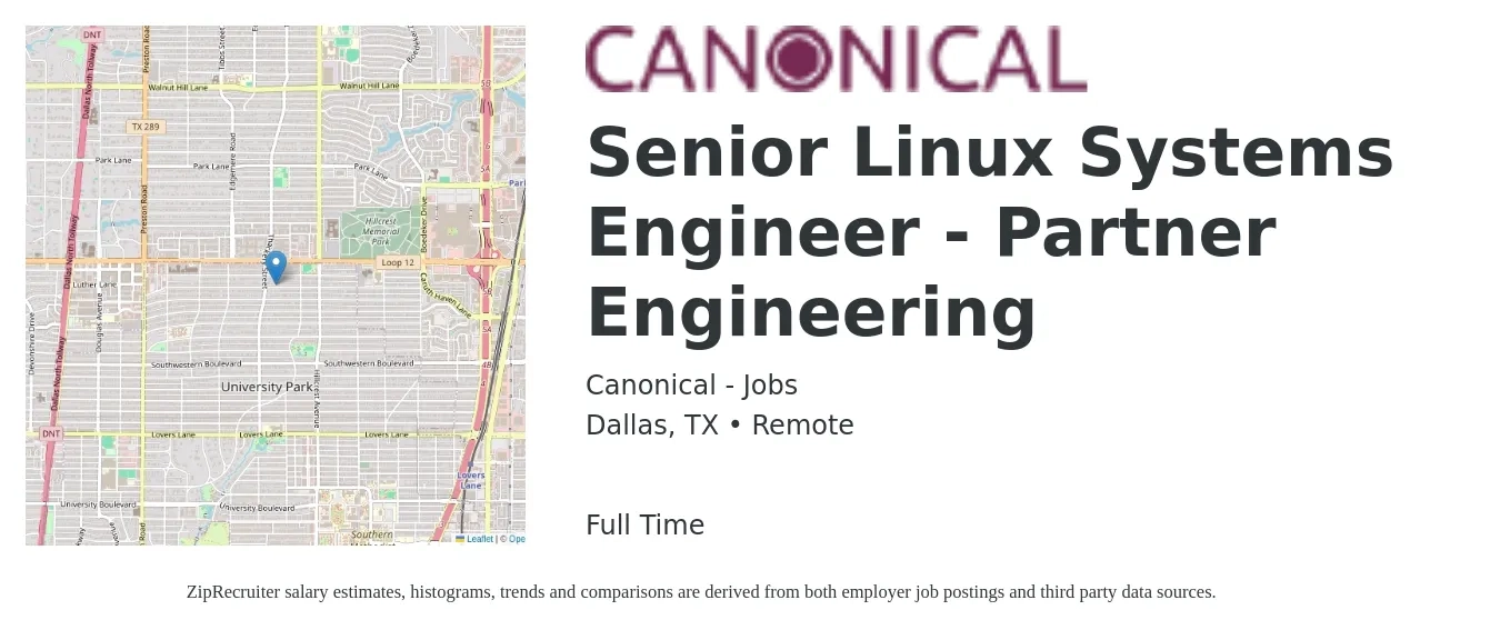 Canonical - Jobs job posting for a Senior Linux Systems Engineer - Partner Engineering in Dallas, TX with a salary of $116,700 to $136,500 Yearly with a map of Dallas location.