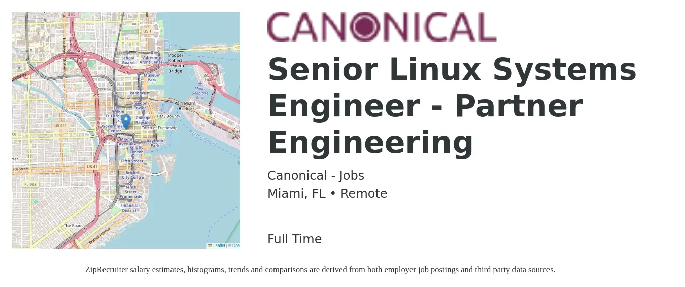 Canonical - Jobs job posting for a Senior Linux Systems Engineer - Partner Engineering in Miami, FL with a salary of $112,900 to $132,000 Yearly with a map of Miami location.