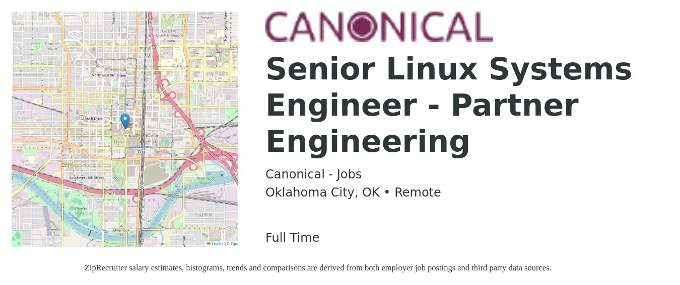 Canonical - Jobs job posting for a Senior Linux Systems Engineer - Partner Engineering in Oklahoma City, OK with a salary of $109,600 to $128,200 Yearly with a map of Oklahoma City location.