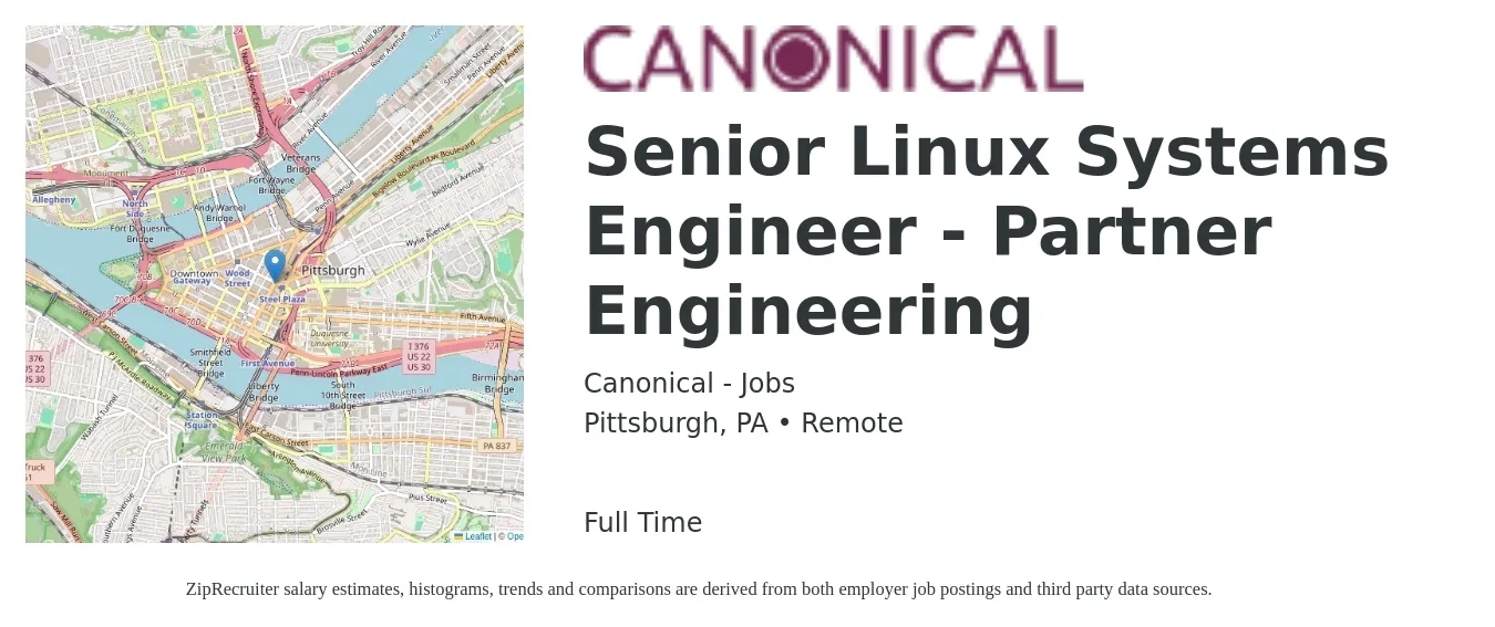 Canonical - Jobs job posting for a Senior Linux Systems Engineer - Partner Engineering in Pittsburgh, PA with a salary of $114,600 to $134,000 Yearly with a map of Pittsburgh location.
