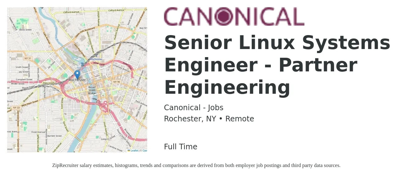 Canonical - Jobs job posting for a Senior Linux Systems Engineer - Partner Engineering in Rochester, NY with a salary of $116,400 to $136,200 Yearly with a map of Rochester location.