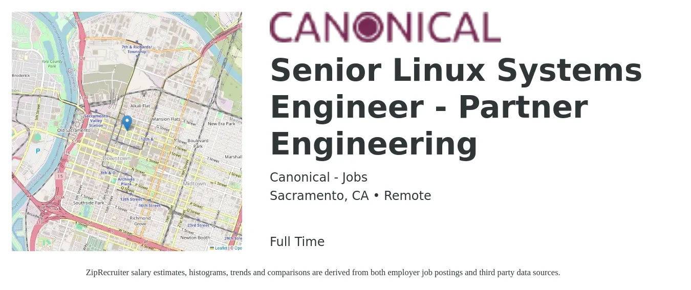 Canonical - Jobs job posting for a Senior Linux Systems Engineer - Partner Engineering in Sacramento, CA with a salary of $125,800 to $147,200 Yearly with a map of Sacramento location.