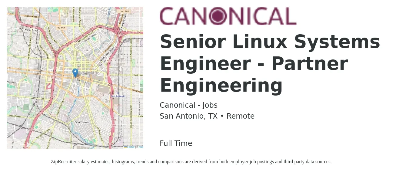 Canonical - Jobs job posting for a Senior Linux Systems Engineer - Partner Engineering in San Antonio, TX with a salary of $106,400 to $124,500 Yearly with a map of San Antonio location.