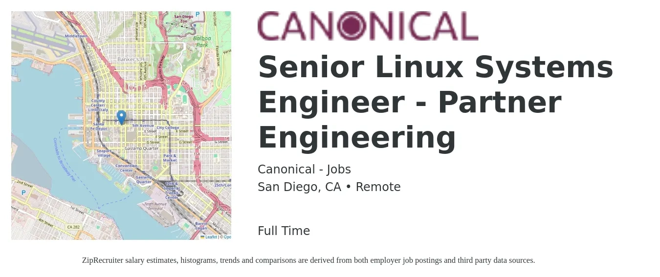 Canonical - Jobs job posting for a Senior Linux Systems Engineer - Partner Engineering in San Diego, CA with a salary of $125,300 to $146,500 Yearly with a map of San Diego location.