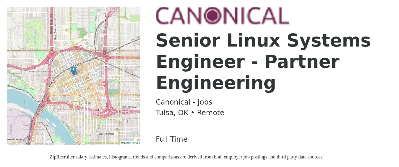 Canonical - Jobs job posting for a Senior Linux Systems Engineer - Partner Engineering in Tulsa, OK with a salary of $107,800 to $126,000 Yearly with a map of Tulsa location.