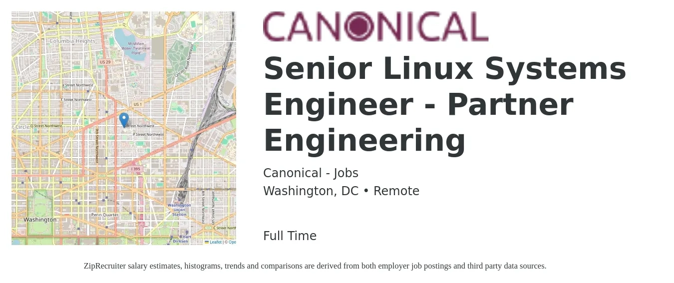 Canonical - Jobs job posting for a Senior Linux Systems Engineer - Partner Engineering in Washington, DC with a salary of $133,600 to $156,300 Yearly with a map of Washington location.