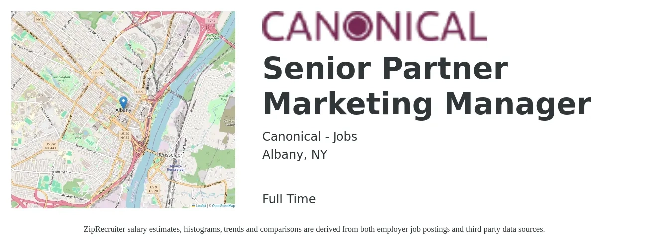 Canonical - Jobs job posting for a Senior Partner Marketing Manager in Albany, NY with a salary of $89,400 to $130,100 Yearly with a map of Albany location.