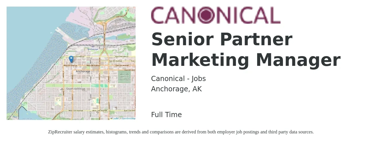 Canonical - Jobs job posting for a Senior Partner Marketing Manager in Anchorage, AK with a salary of $92,000 to $133,900 Yearly with a map of Anchorage location.