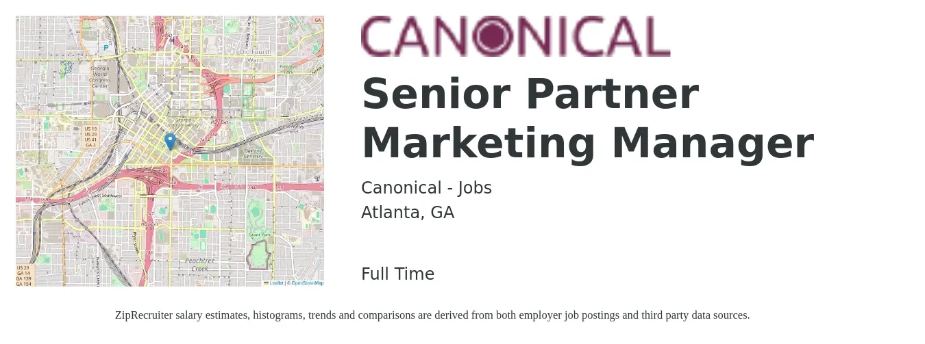 Canonical - Jobs job posting for a Senior Partner Marketing Manager in Atlanta, GA with a salary of $86,500 to $126,000 Yearly with a map of Atlanta location.