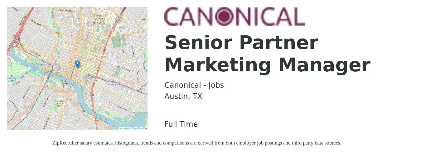 Canonical - Jobs job posting for a Senior Partner Marketing Manager in Austin, TX with a salary of $89,200 to $129,800 Yearly with a map of Austin location.